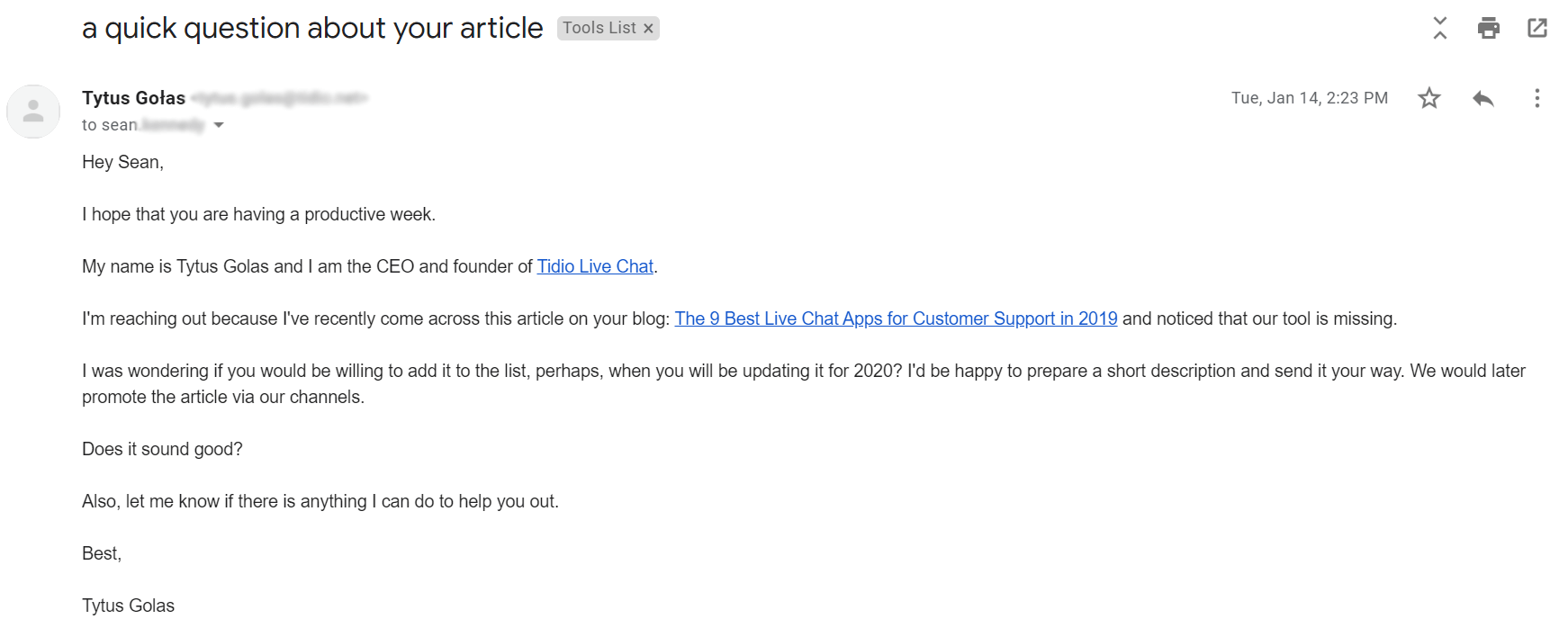 [Screenshot of a generic backlink outreach email that offers no value exchange, with subject line like &ldquo;Quick question about your article&rdquo;]