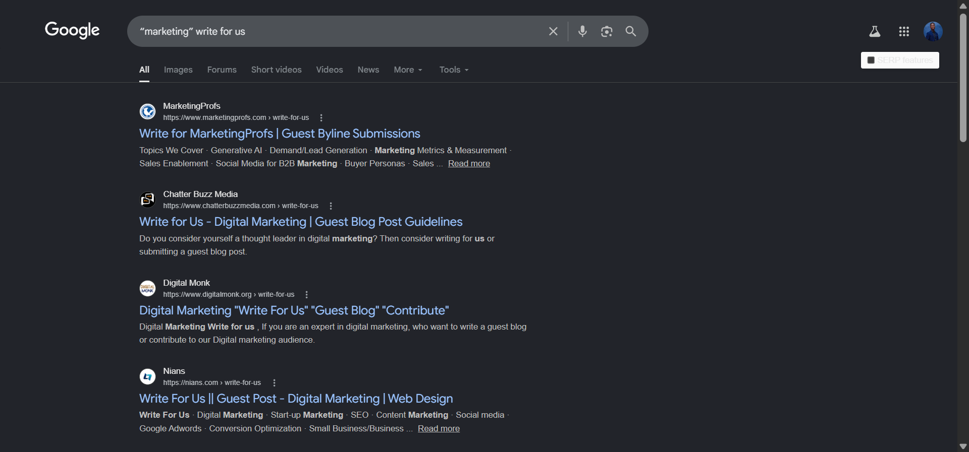 [Screenshot of Google search results for &ldquo;marketing&rdquo; + &ldquo;write for us&rdquo; showing multiple guest post opportunity pages]