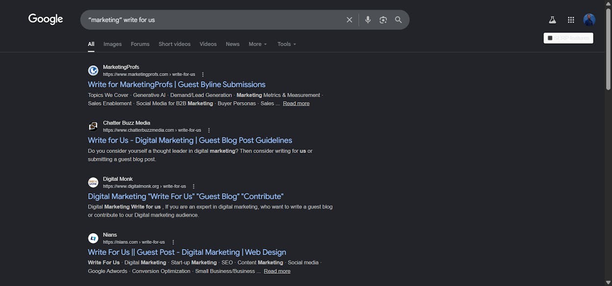 [Screenshot of Google search results for &ldquo;marketing&rdquo; + &ldquo;write for us&rdquo; showing multiple guest post opportunity pages]