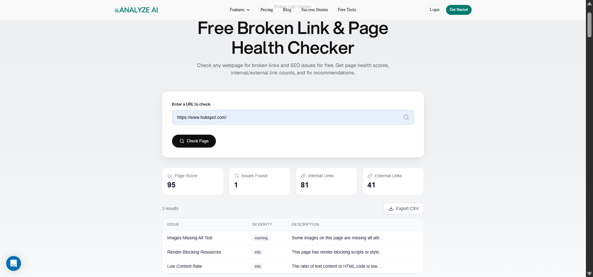 [Screenshot of the Analyze AI broken link checker showing results with broken outbound links highlighted]