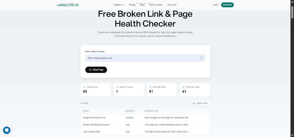 [Screenshot of the Analyze AI broken link checker showing results with broken outbound links highlighted]