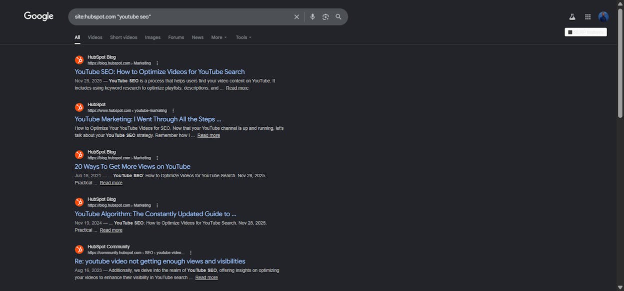 [Screenshot description: Google search results page showing a site: search returning 12 results across blog posts, all candidates for internal linking.]