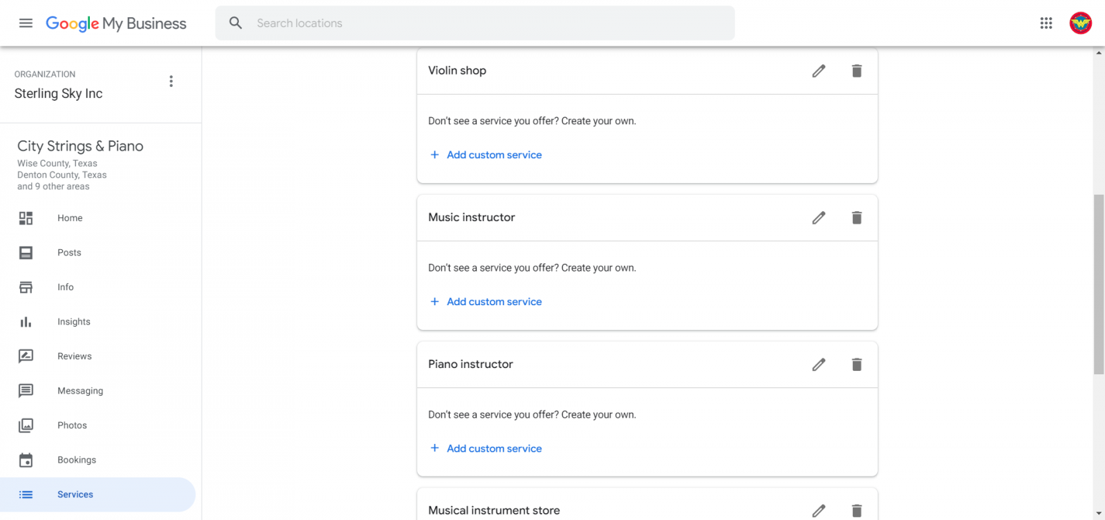 Google Business Profile dashboard showing the Services tab with multiple services added for a real estate agency.