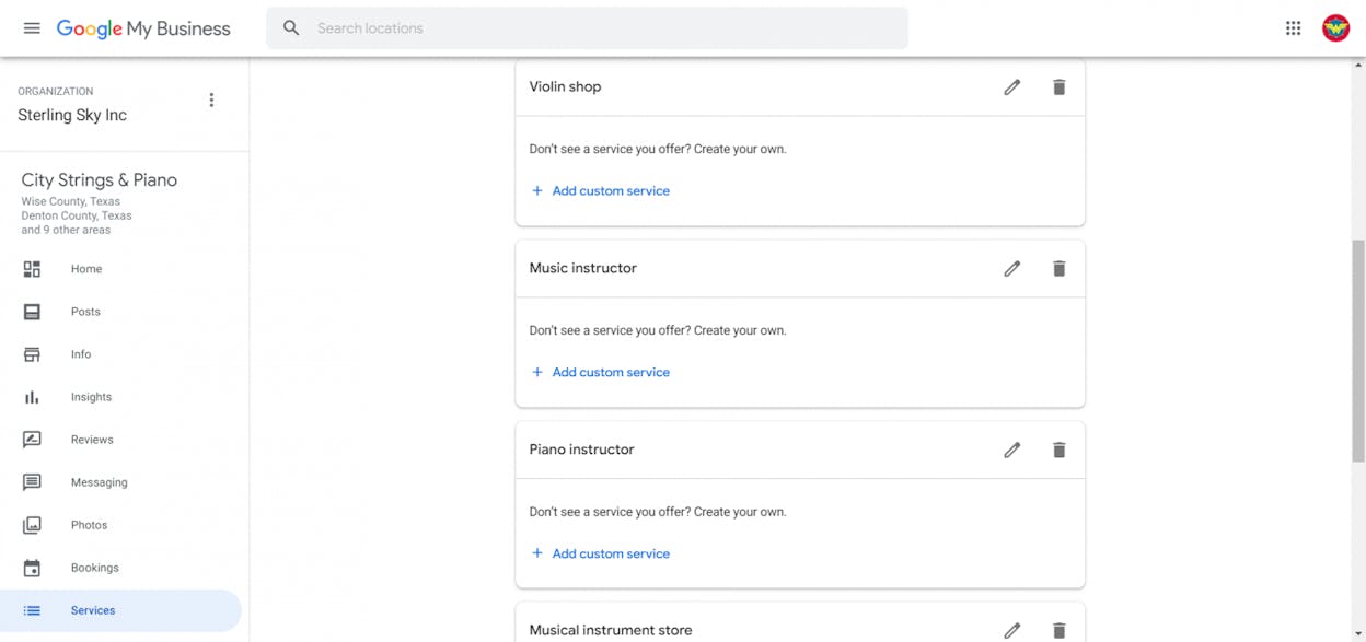 Google Business Profile dashboard showing the Services tab with multiple services added for a real estate agency.