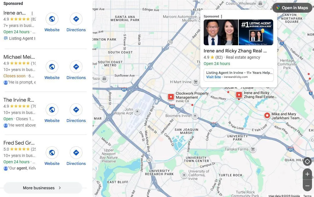 A real estate agency&rsquo;s Google Business Profile in the map pack showing reviews, photos of the team, and listed services.