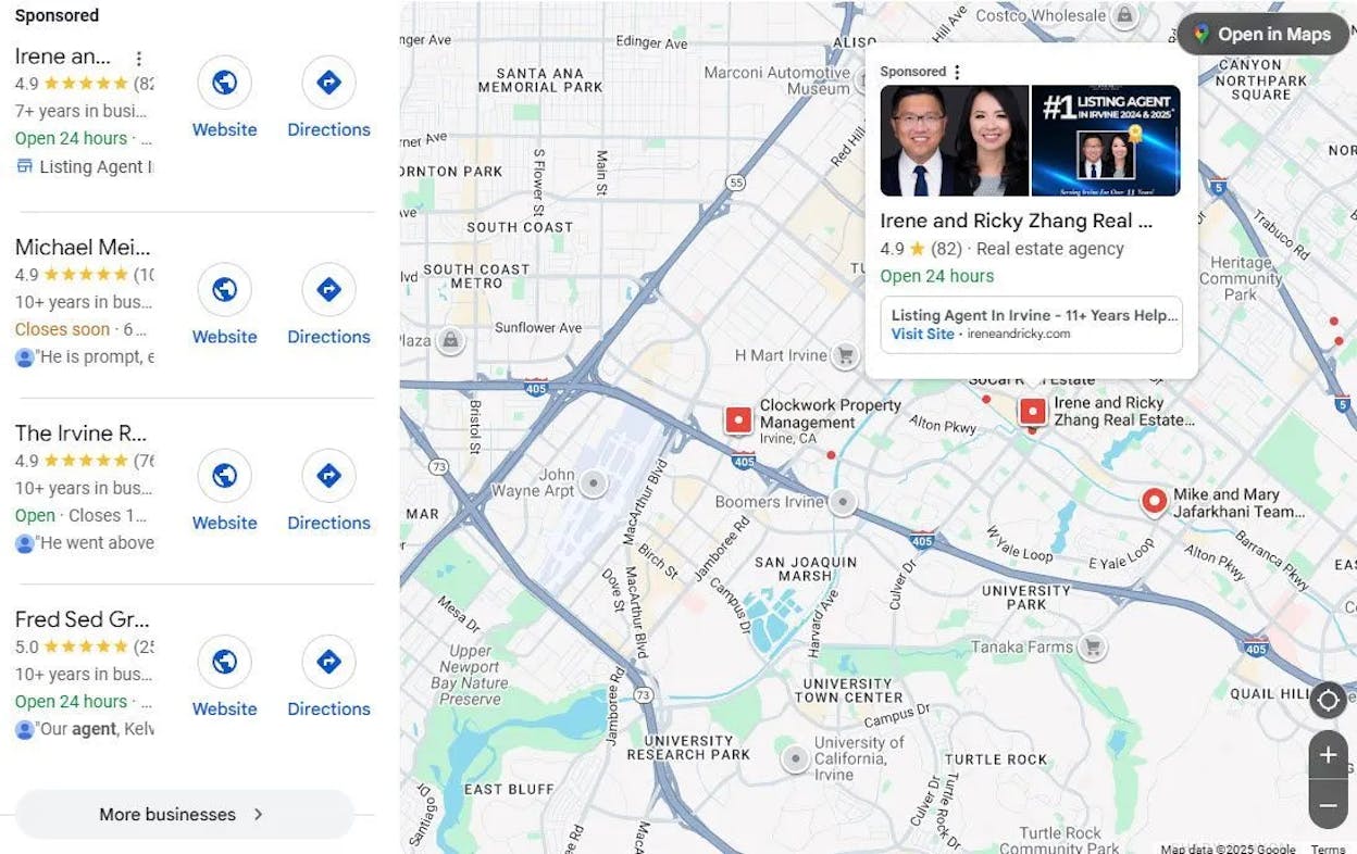 A real estate agency&rsquo;s Google Business Profile in the map pack showing reviews, photos of the team, and listed services.
