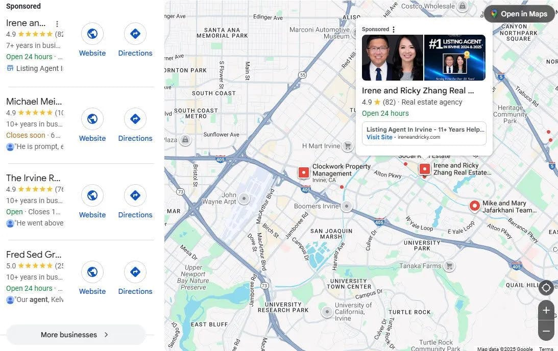 A real estate agency’s Google Business Profile in the map pack showing reviews, photos of the team, and listed services.