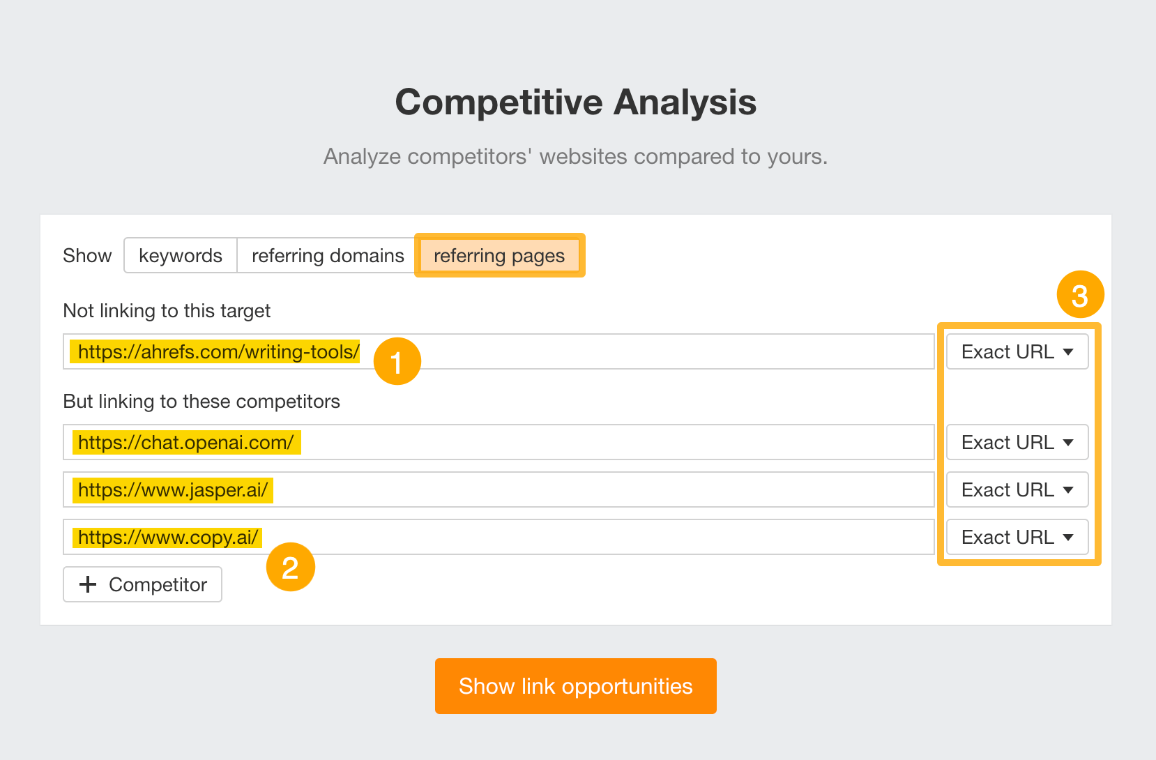 Ahrefs Link Intersect report comparing three competitor domains, showing referring domains they share that the user&rsquo;s domain is missing.