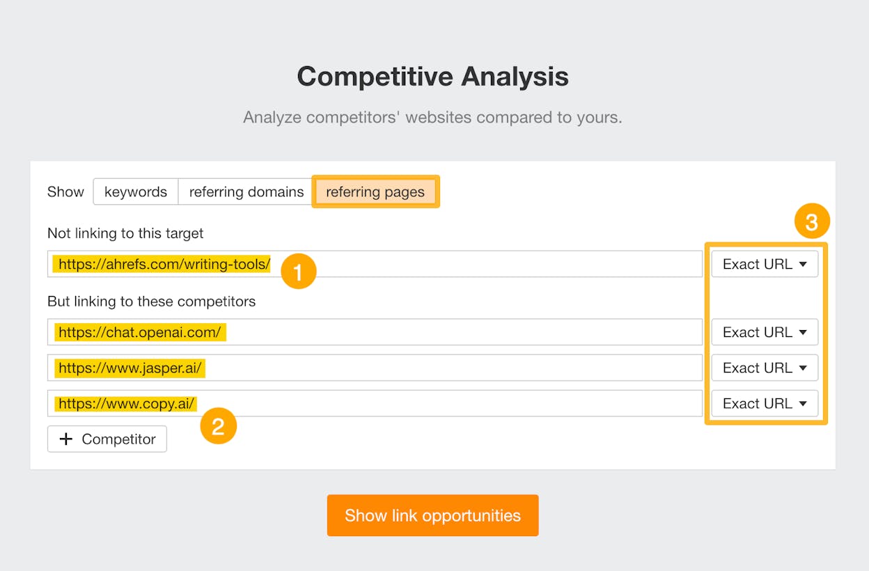 Ahrefs Link Intersect report comparing three competitor domains, showing referring domains they share that the user&rsquo;s domain is missing.