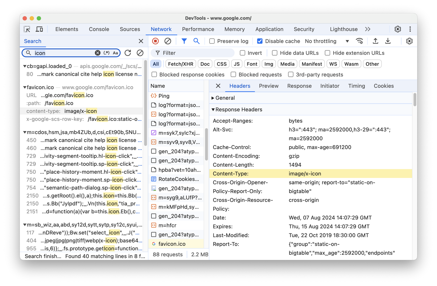 Chrome DevTools Network tab with the main document request highlighted, showing a 200 status code in the Status column