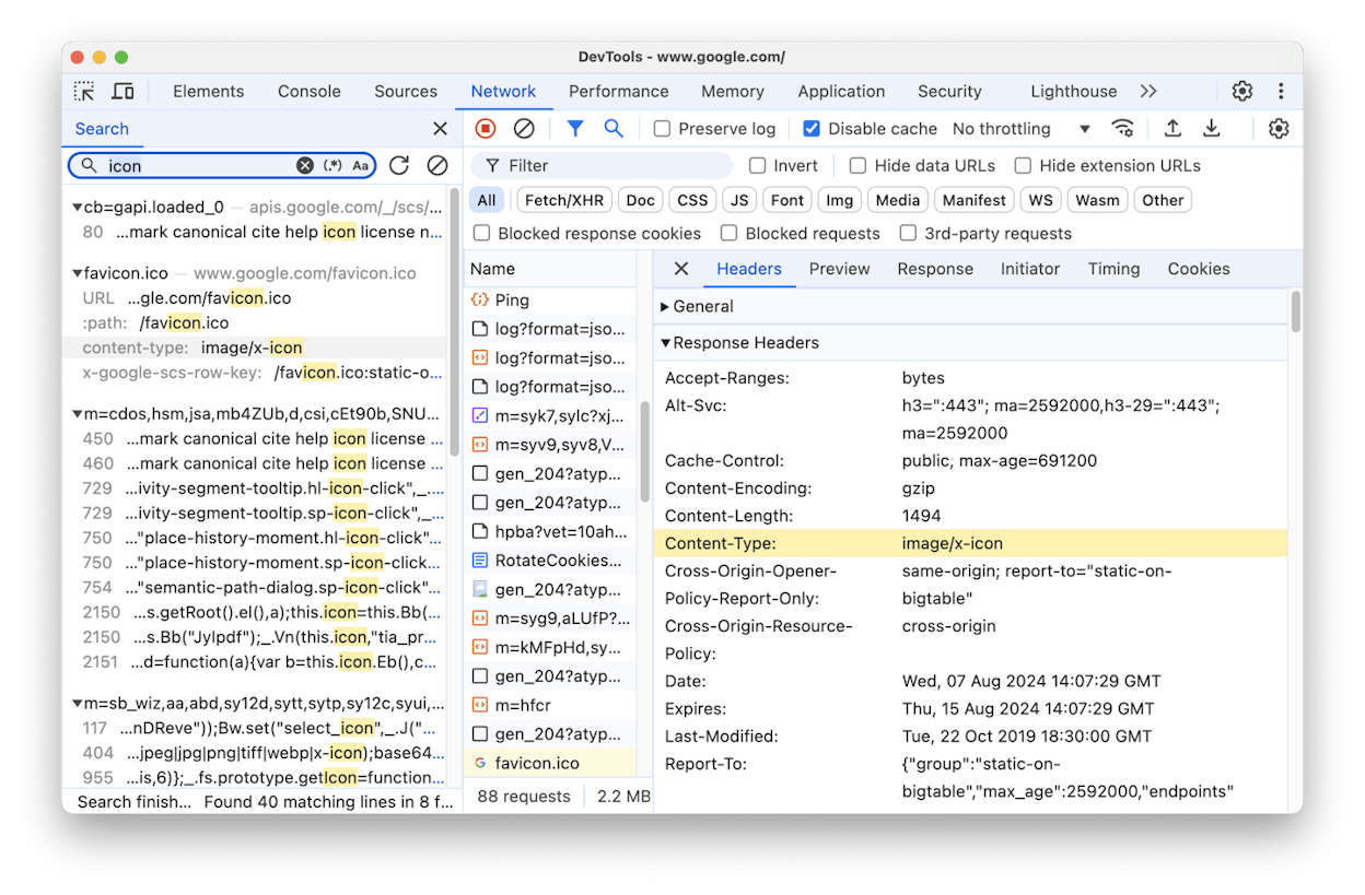 Chrome DevTools Network tab with the main document request highlighted, showing a 200 status code in the Status column