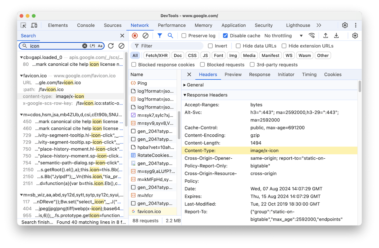 Chrome DevTools Network tab with the main document request highlighted, showing a 200 status code in the Status column