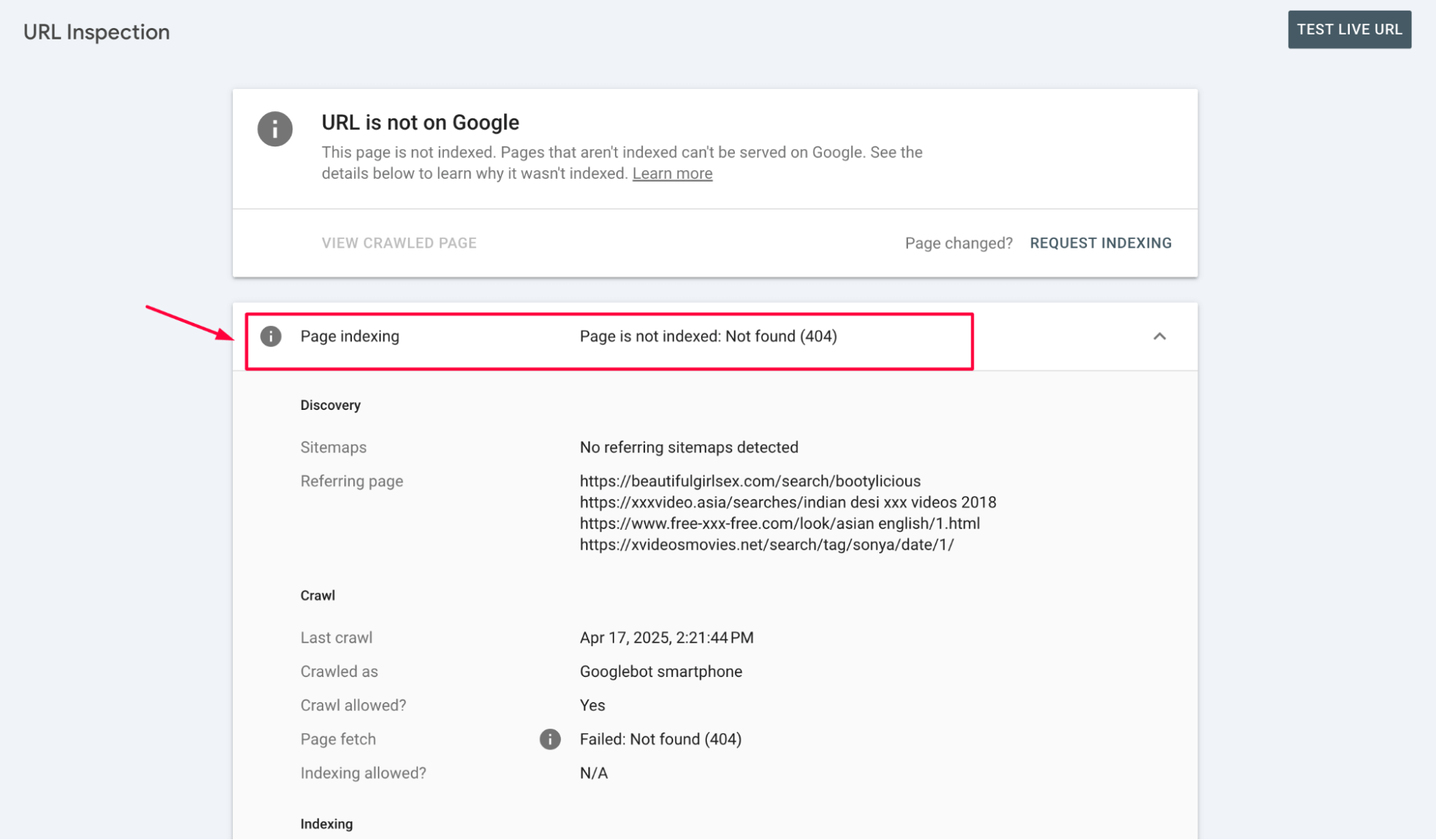 Search Console Links report filtered to 404 URLs, showing the referring domain count per broken page