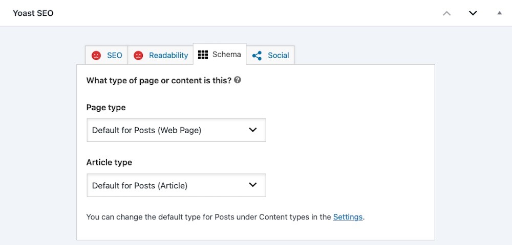 A schema generator interface or a WordPress Yoast schema settings panel showing Article and FAQ types selected