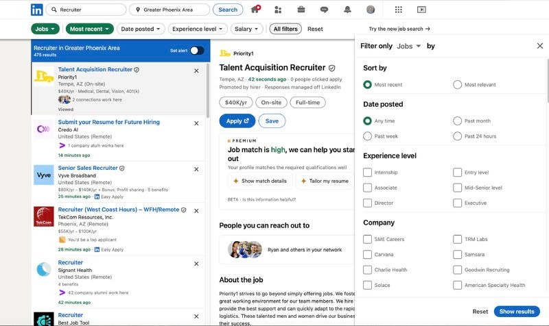 LinkedIn search results page filtered by job title and post activity, showing relevant practitioners