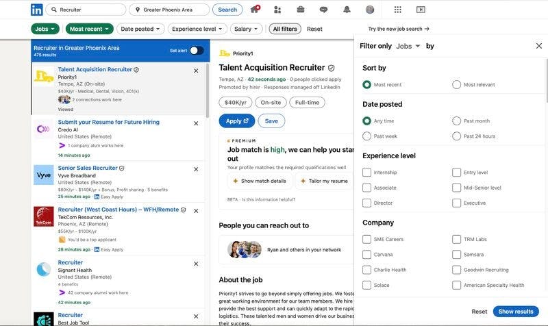 LinkedIn search results page filtered by job title and post activity, showing relevant practitioners