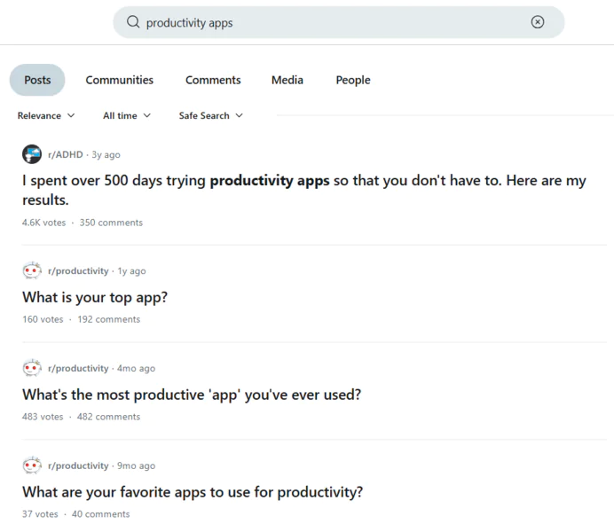 Reddit subreddit search showing a high-engagement post and top comments with upvote counts