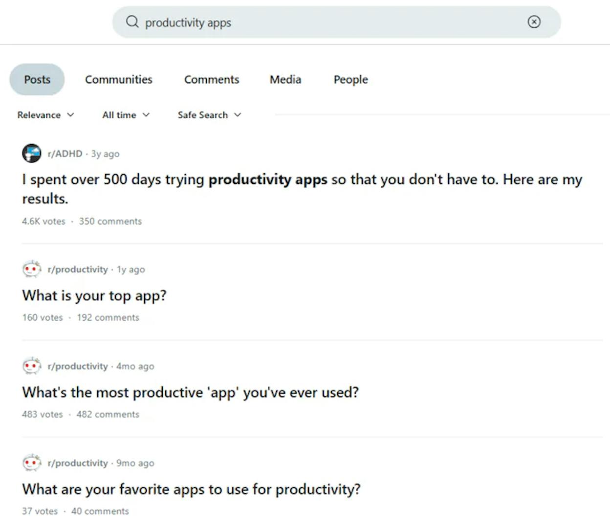 Reddit subreddit search showing a high-engagement post and top comments with upvote counts