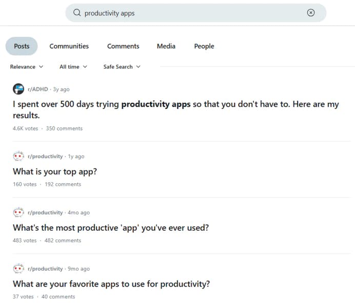 Reddit subreddit search showing a high-engagement post and top comments with upvote counts