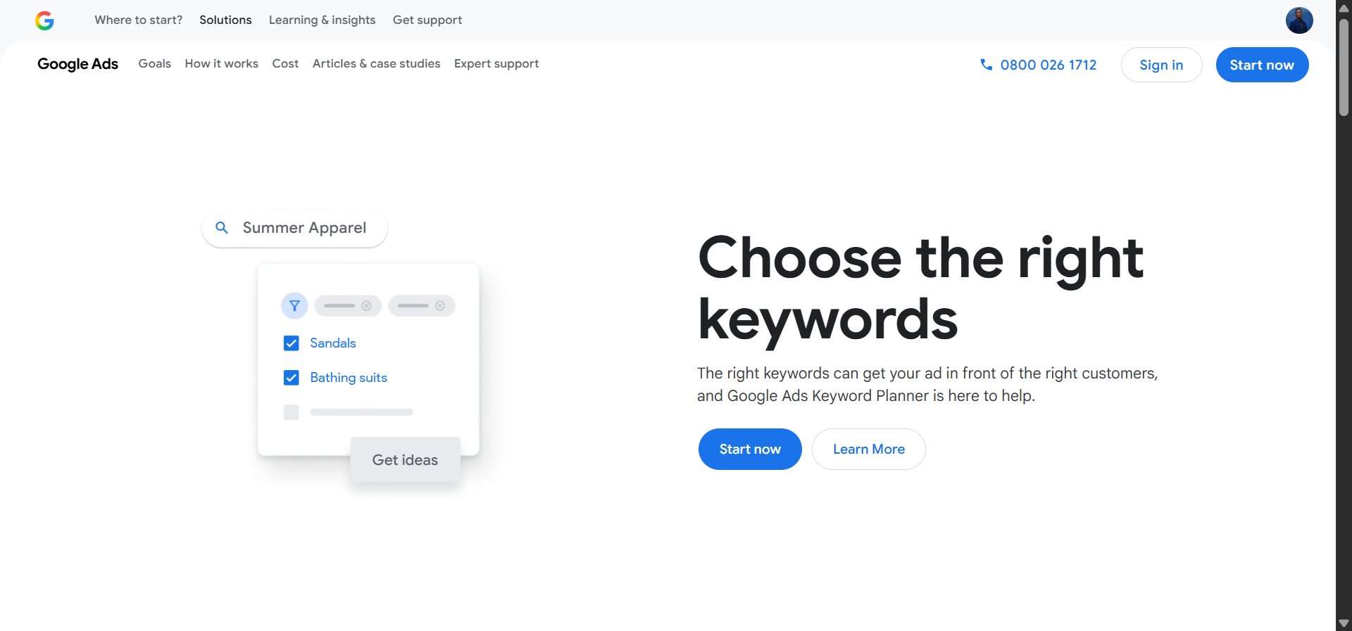 Google Keyword Planner “keyword ideas” report showing a list of keywords with search volume ranges and competition column.