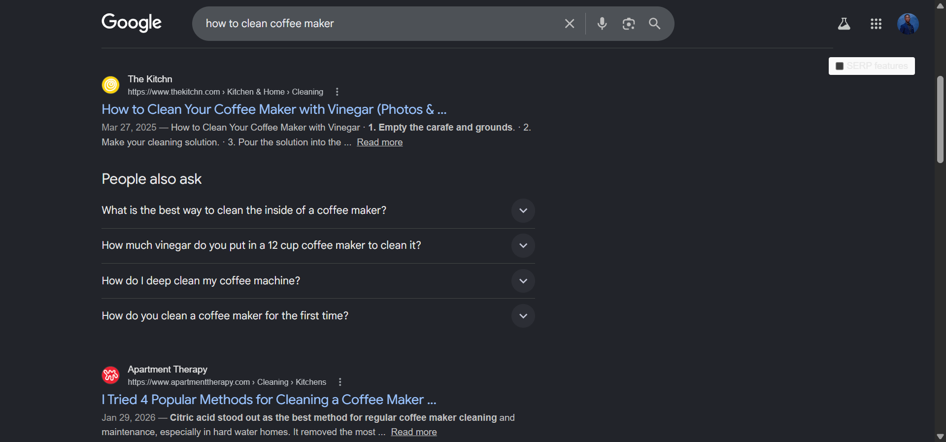 AlsoAsked tree visualization for a query like “how to clean coffee maker” showing nested branches of related questions.