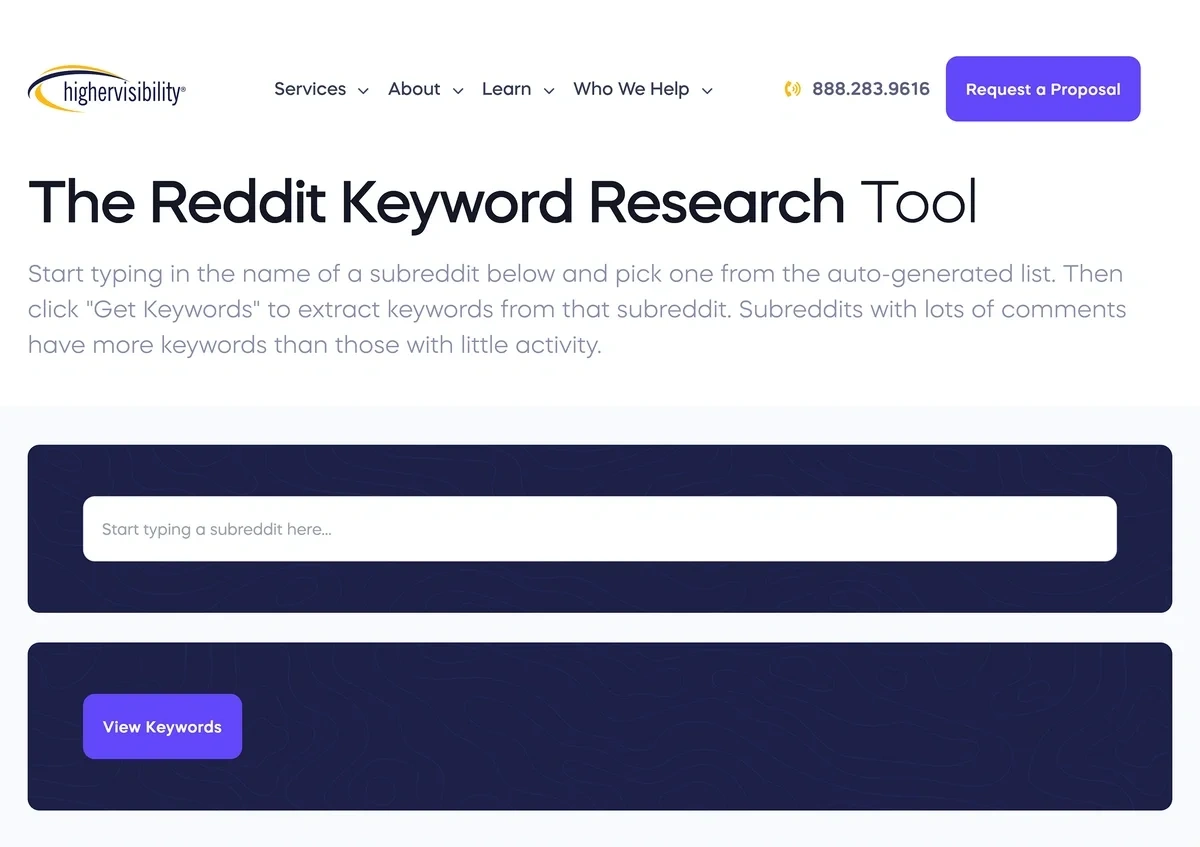 Keyworddit results table for a subreddit like r/bigseo showing keywords with monthly search volume.