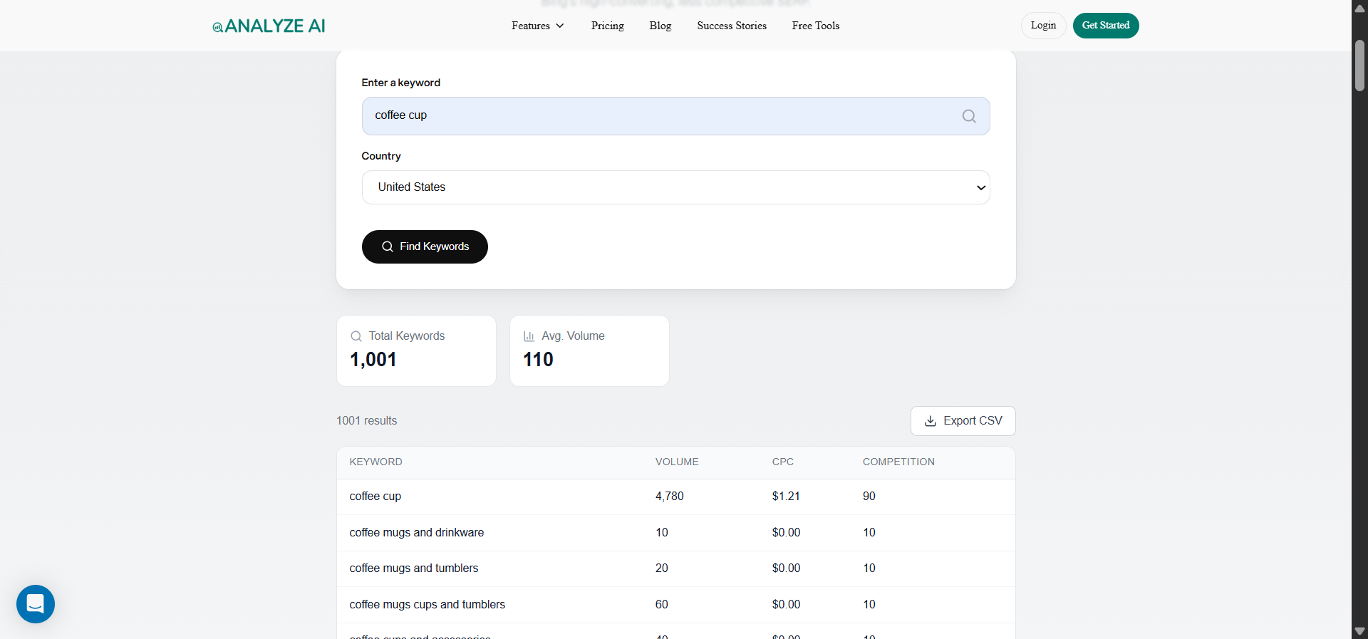 Analyze AI Bing Keyword Tool results showing keyword ideas with monthly search volume on Bing.