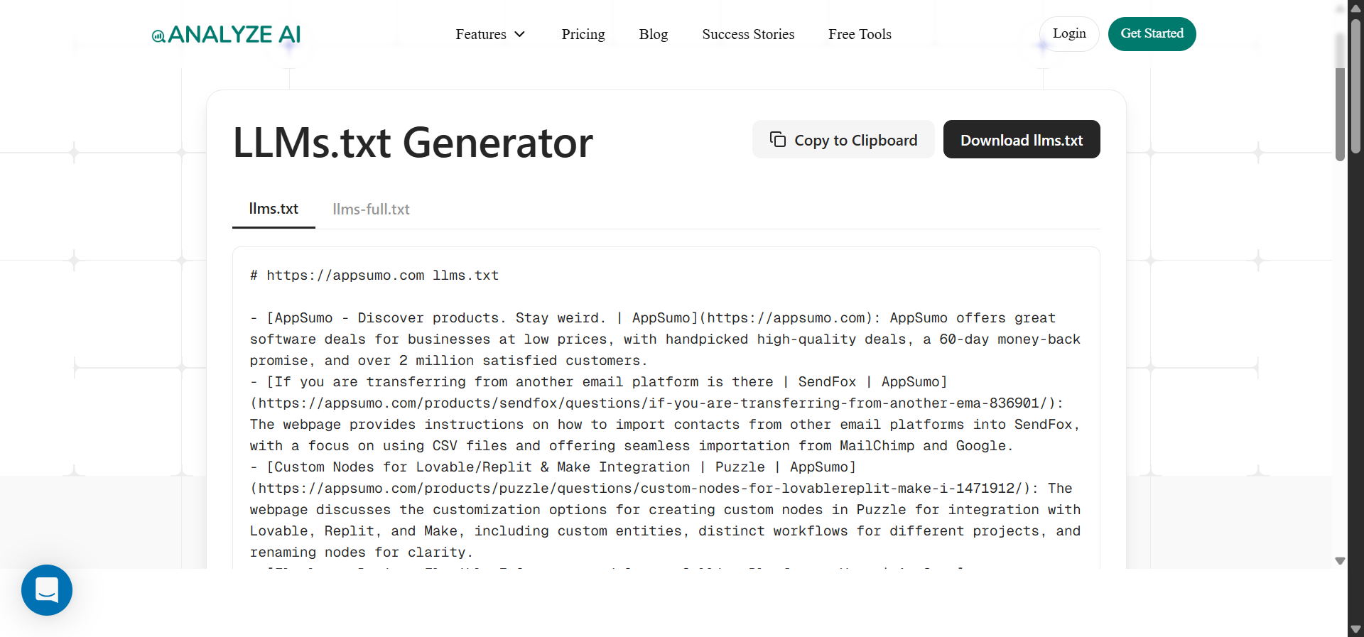 LLM.txt Generator output showing the generated llm.txt file content for a sample website.