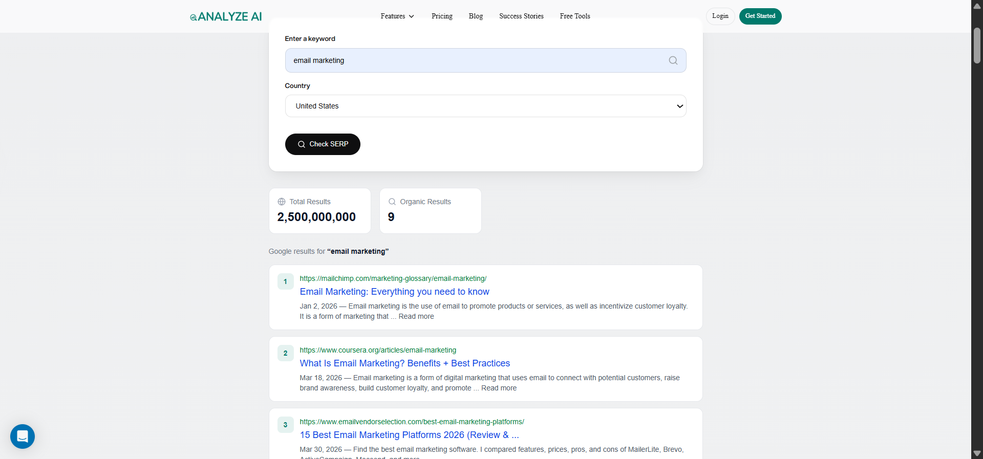 Analyze AI SERP Checker results showing the top ten Google results for a keyword along with domain authority and traffic estimates for the first three positions.