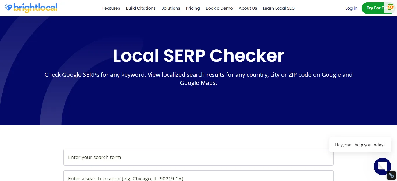 BrightLocal Local SERP Checker results showing search results from a specific city, with the option to switch to Google Maps view