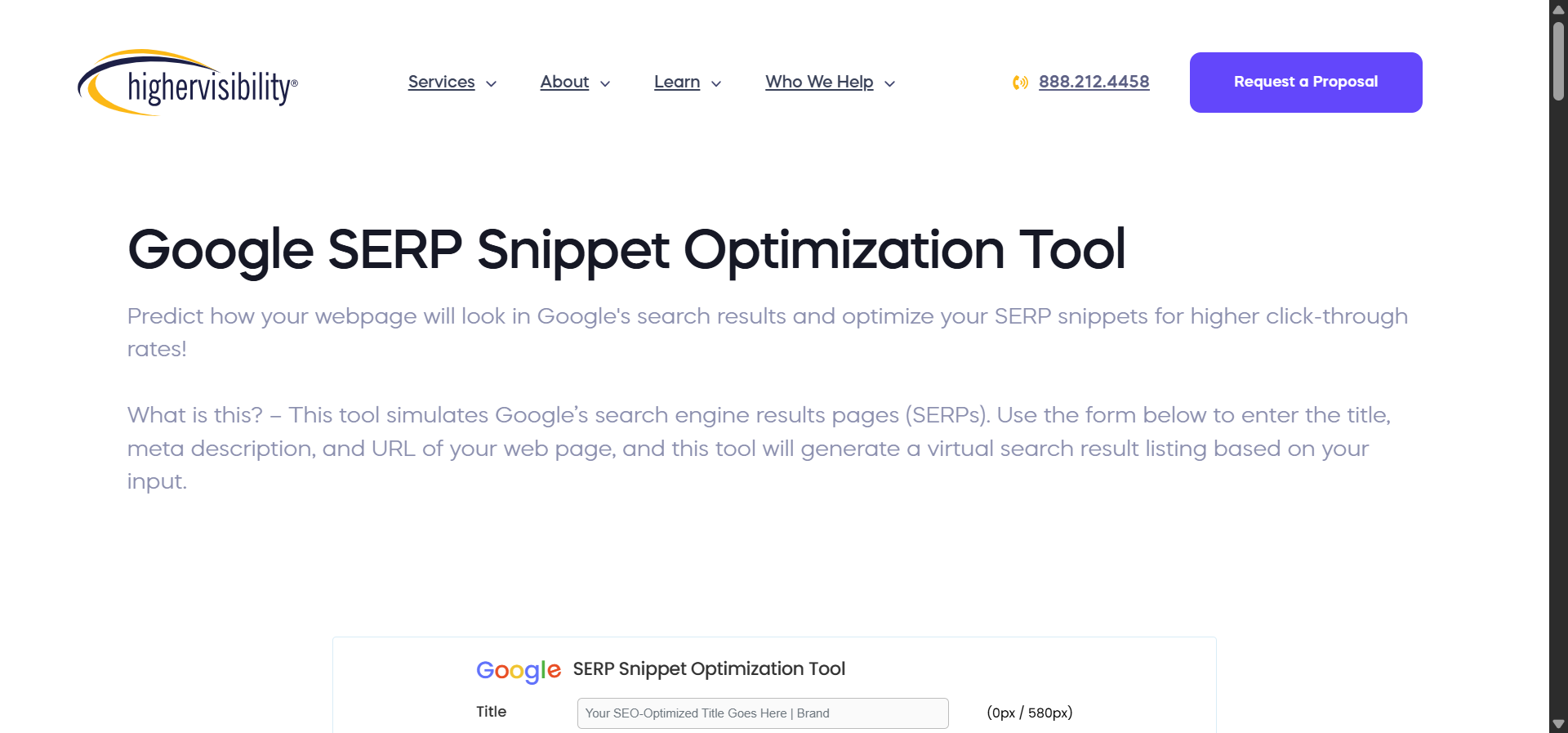 HigherVisibility’s SERP Snippet Optimizer showing form fields for title, URL, and meta description with a live preview of how the result will appear in Google.