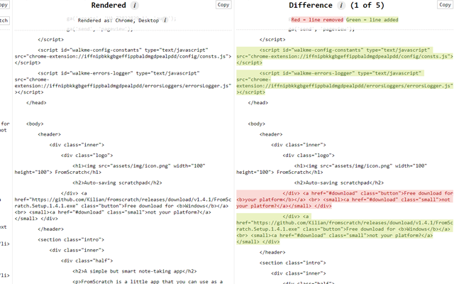 View Rendered Source Chrome extension showing a side by side diff of raw HTML and the rendered DOM after JavaScript executes.