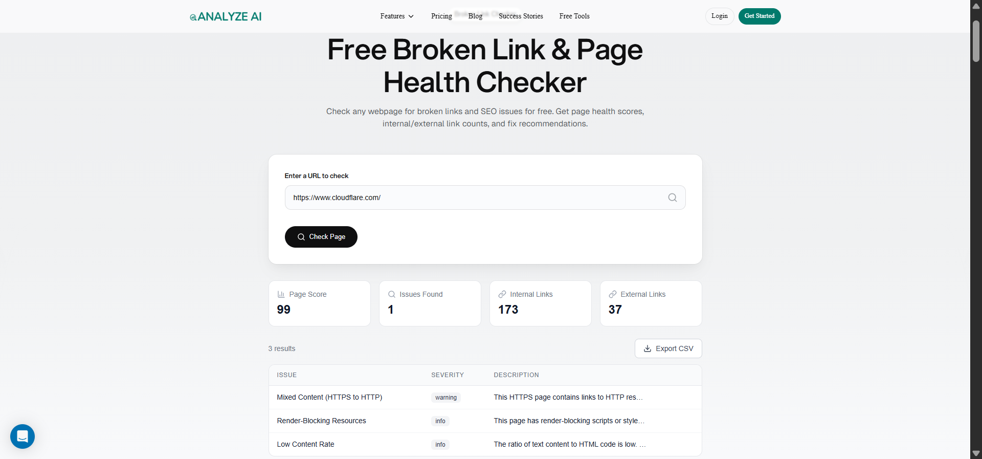 Analyze AI Broken Link Checker results showing a table of broken outbound links with their target URLs and status codes.