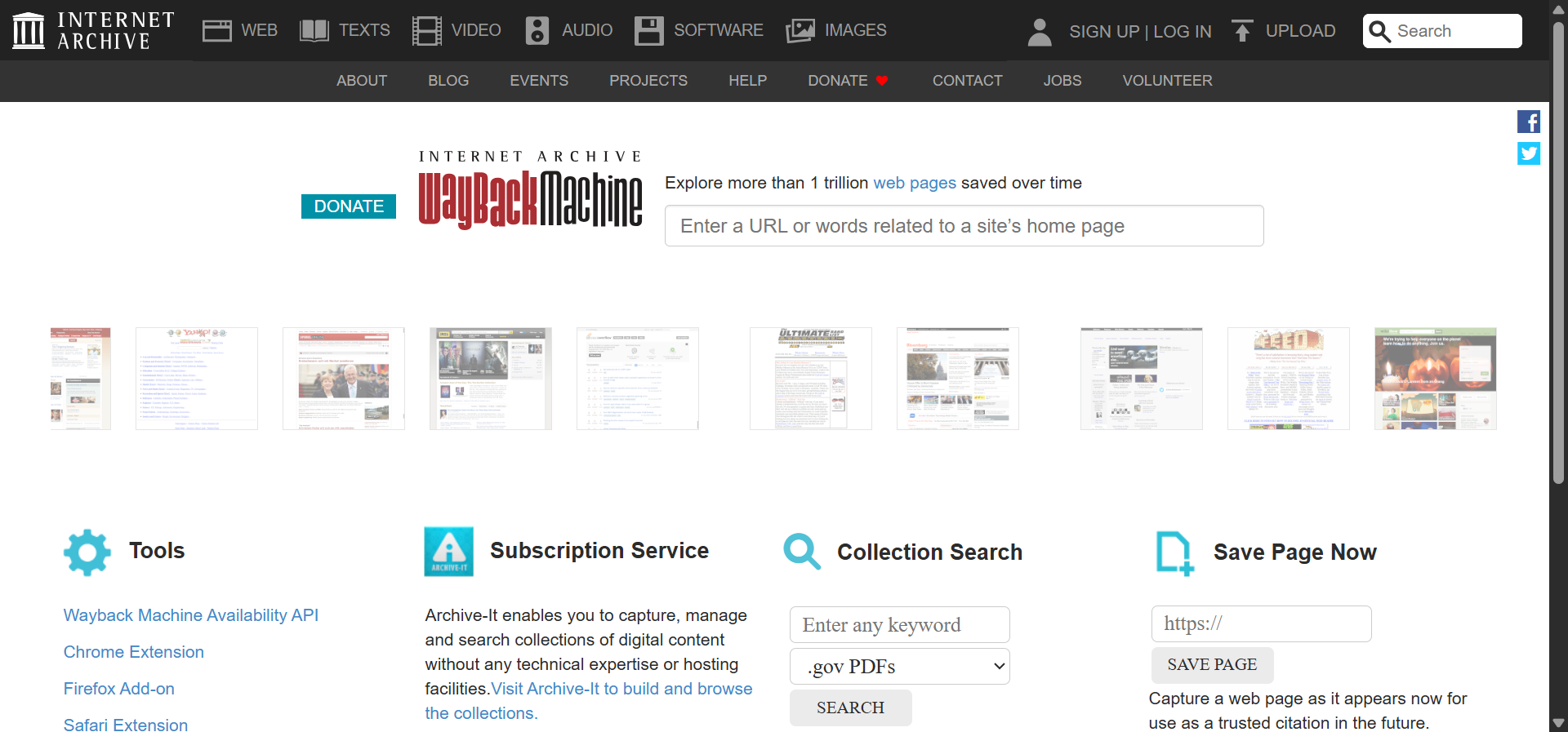 Wayback Machine calendar view for a domain showing dots on different dates representing snapshots of the page.
