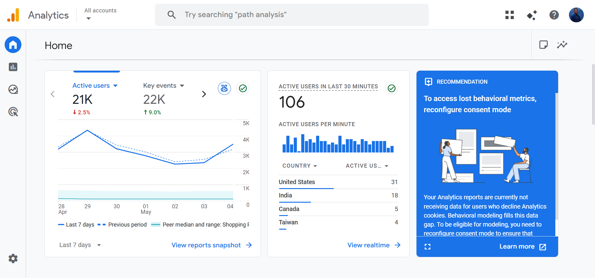 GA4 Acquisition report showing traffic by channel with organic search, direct, and referral rows.
