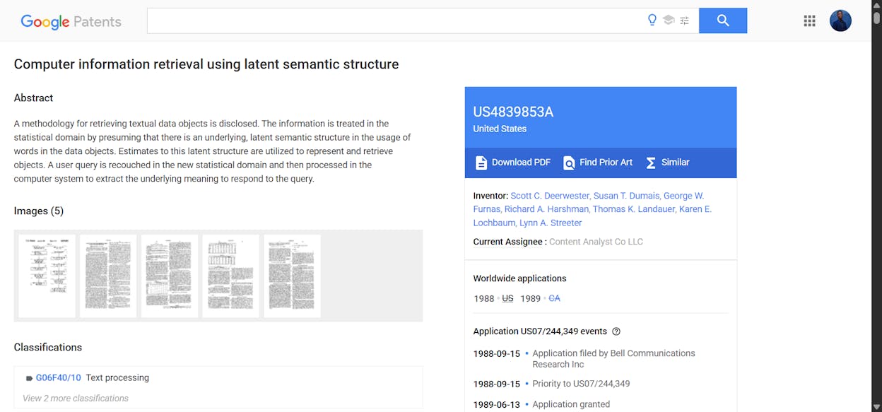 Latent Semantic Analysis (LSA), is a natural language processing technique patented by Bell Communications Research in 1989