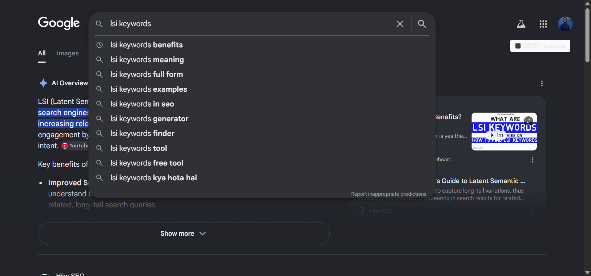 Google autocomplete results for the query &ldquo;lsi keywords&rdquo;