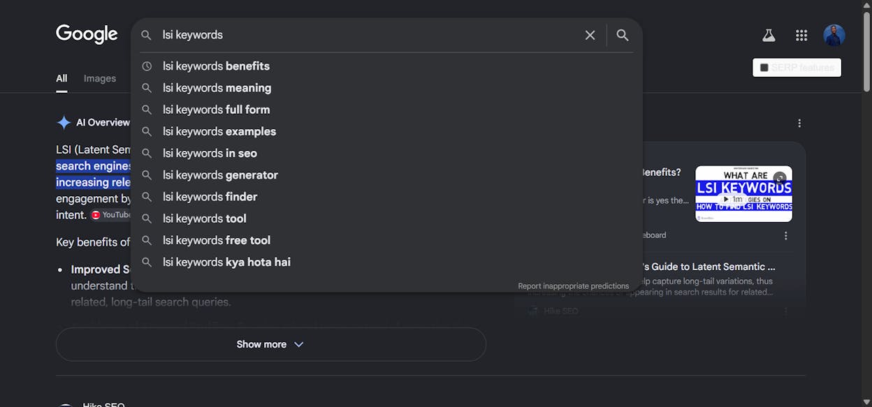 Google autocomplete results for the query &ldquo;lsi keywords&rdquo;