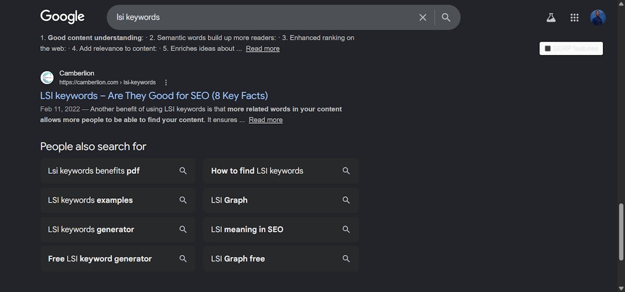 Google related searches block at the bottom of the SERP for &ldquo;lsi keywords&rdquo;