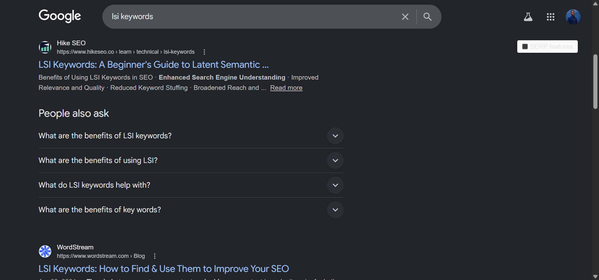 Google People Also Ask box expanded for &ldquo;lsi keywords&rdquo;