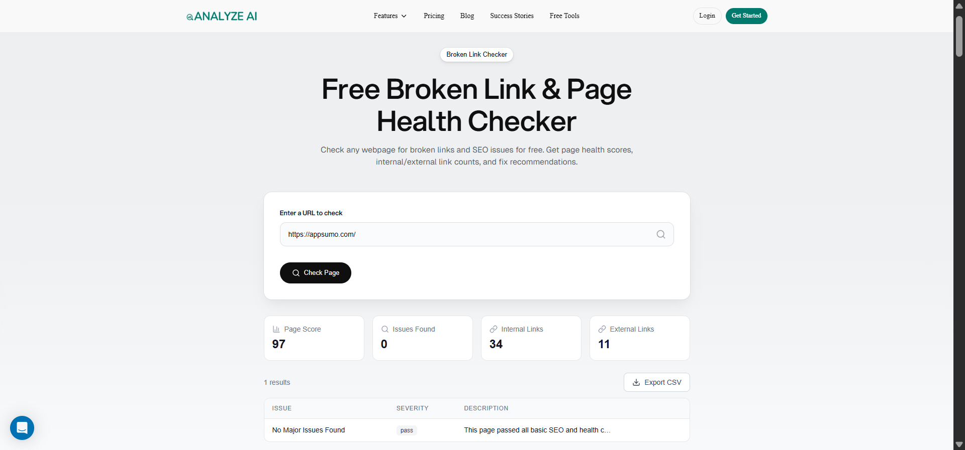 Analyze AI Broken Link Checker showing a scan result with broken outbound links listed by URL]