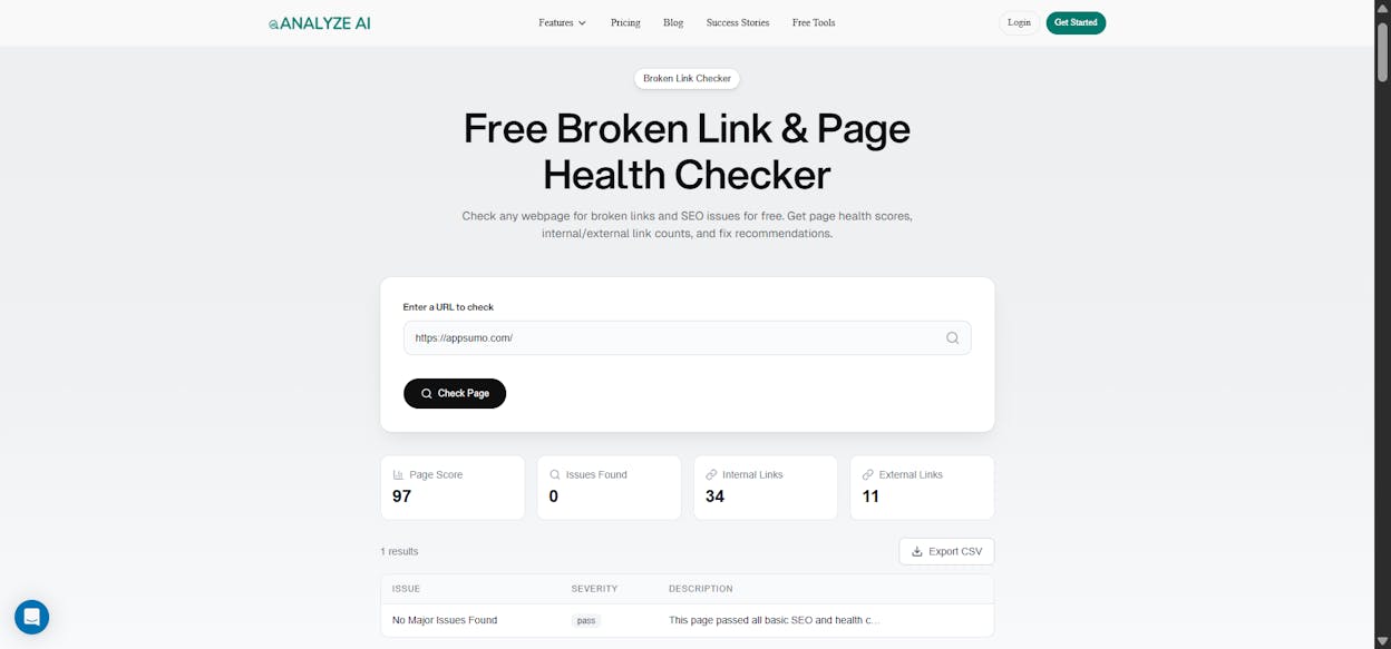 Analyze AI Broken Link Checker showing a scan result with broken outbound links listed by URL]