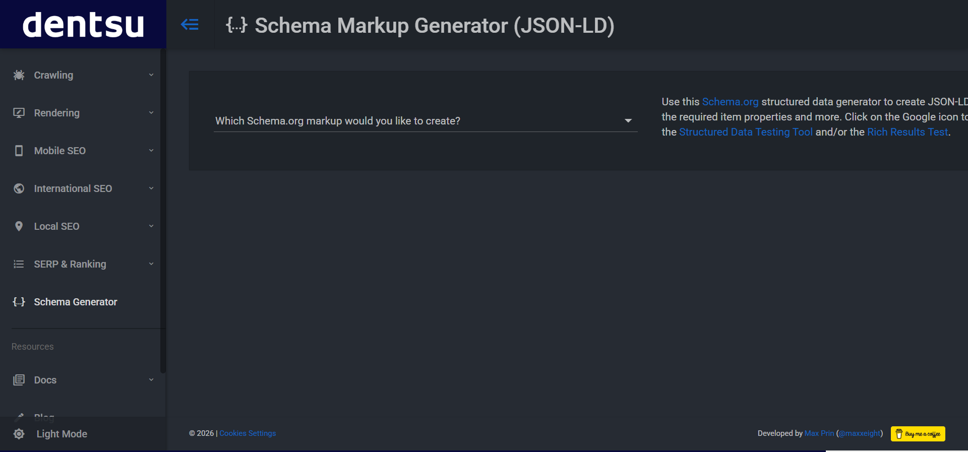 the Schema.org JSON-LD markup generator interface showing the schema type dropdown and the generated code panel