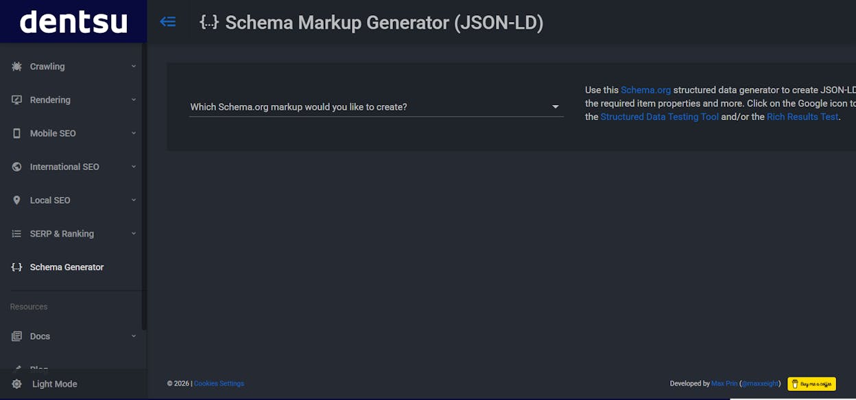 the Schema.org JSON-LD markup generator interface showing the schema type dropdown and the generated code panel