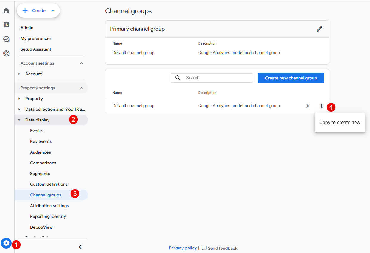 GA4 Admin showing the Channel groups creation screen with the AI Search rule being defined