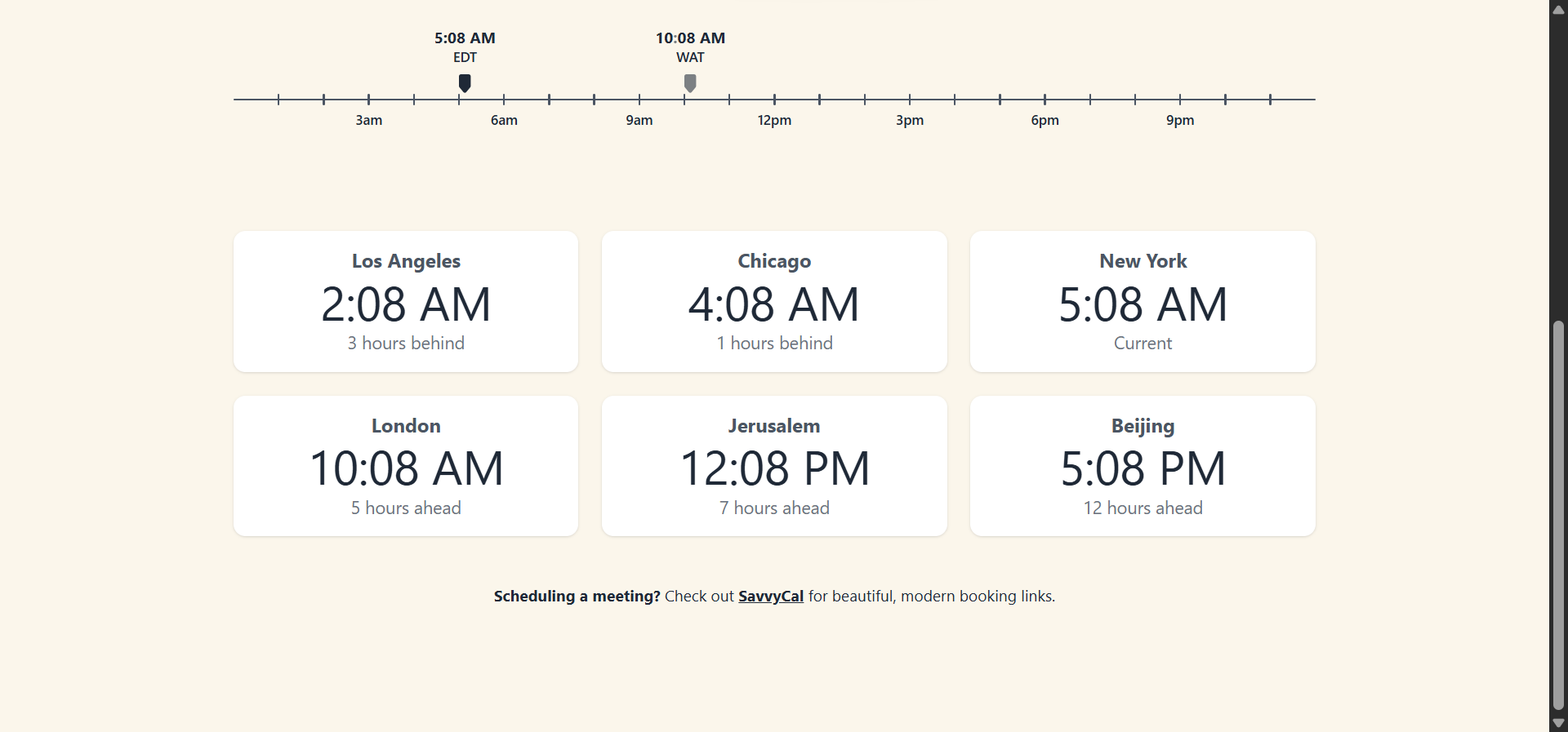time.savvycal.com/worldclock/USA/California/Los_Angeles showing the live clock UI, time zone, and meeting-link CTA