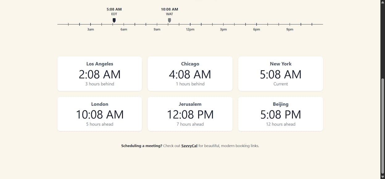 time.savvycal.com/worldclock/USA/California/Los_Angeles showing the live clock UI, time zone, and meeting-link CTA
