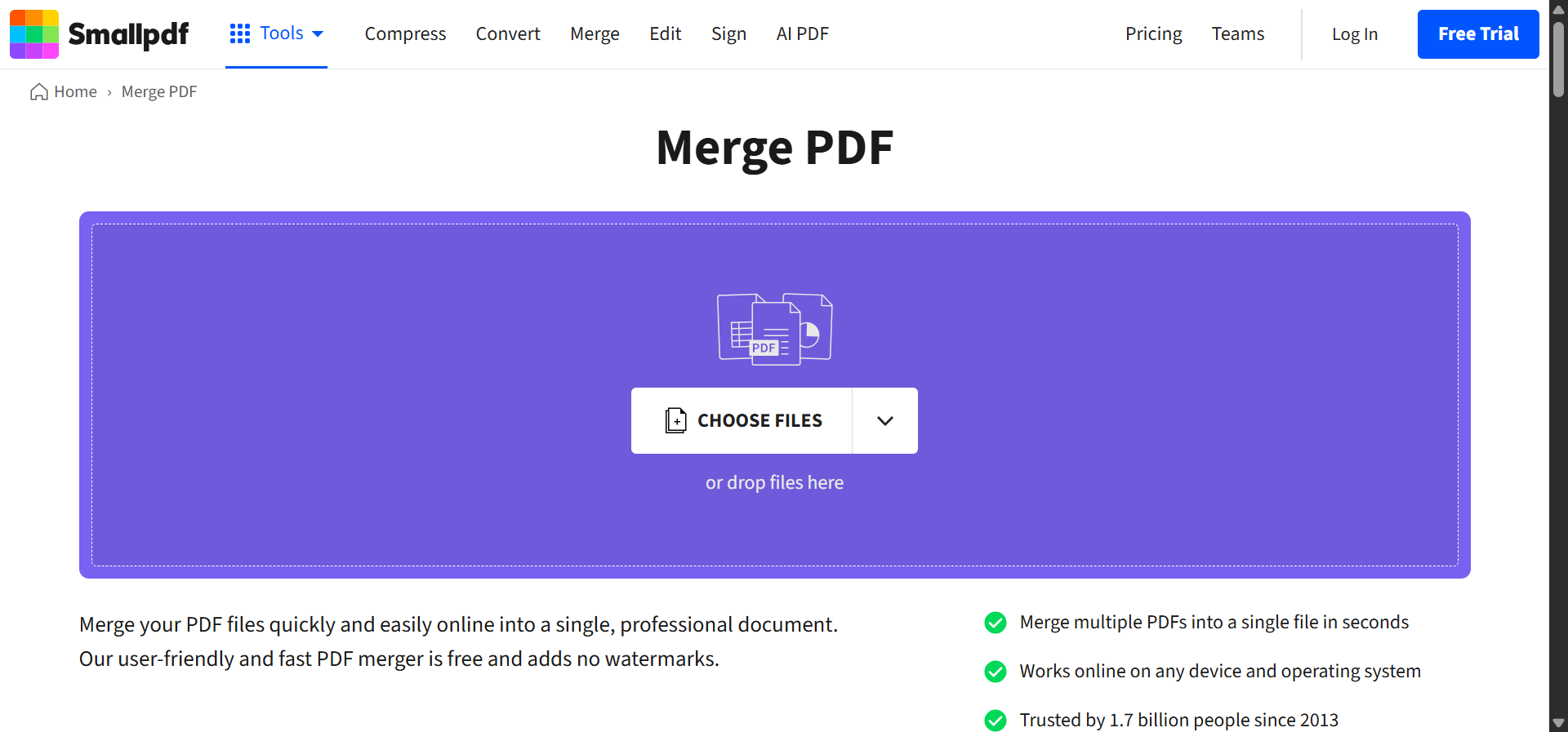 [Screenshot of smallpdf.com/merge-pdf showing the drag-and-drop file upload interface]