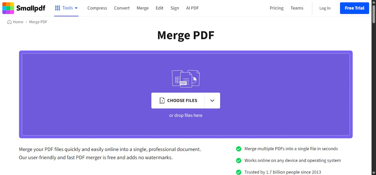 [Screenshot of smallpdf.com/merge-pdf showing the drag-and-drop file upload interface]