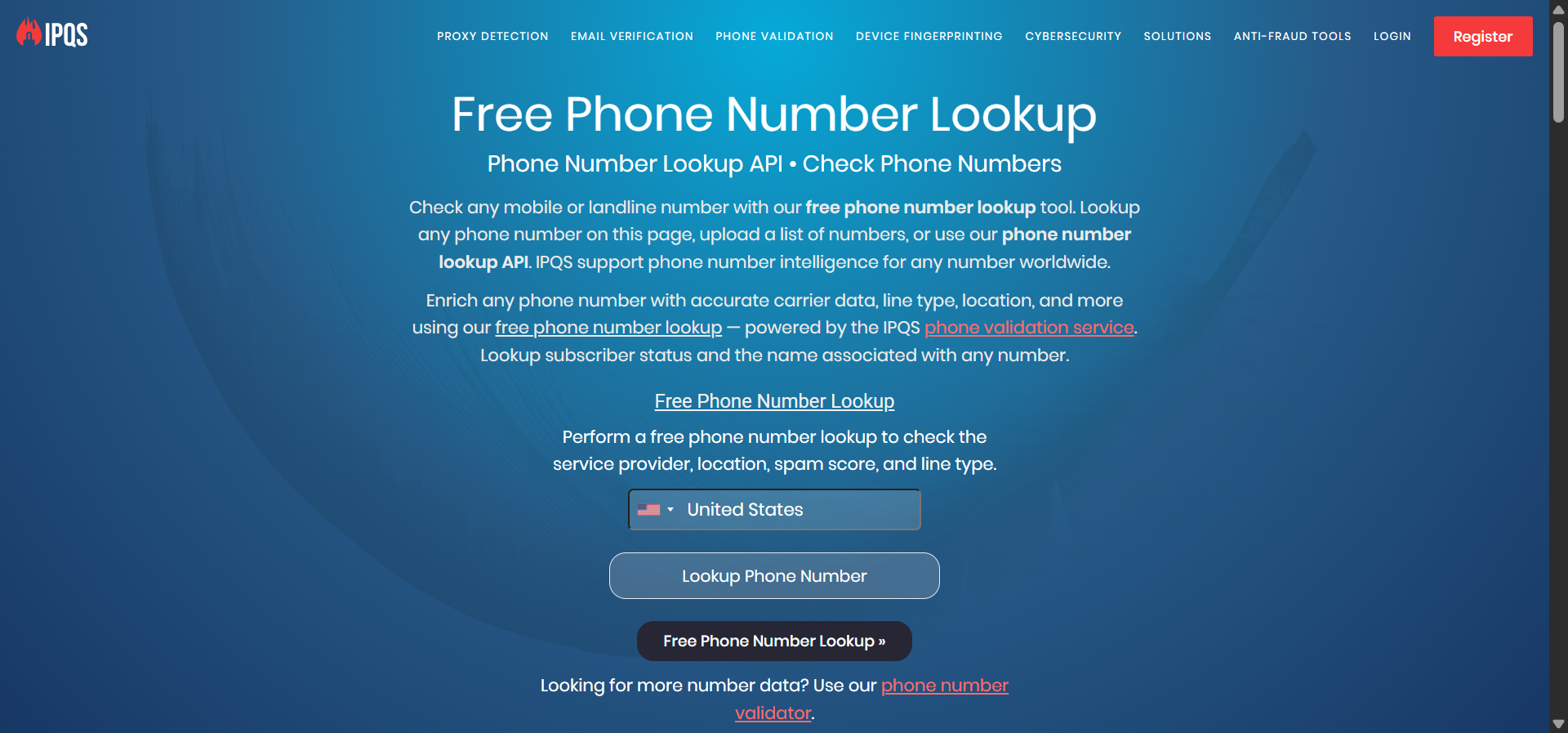 [Screenshot of ipqualityscore.com/free-phone-number-lookup showing the simple search interface and result table]